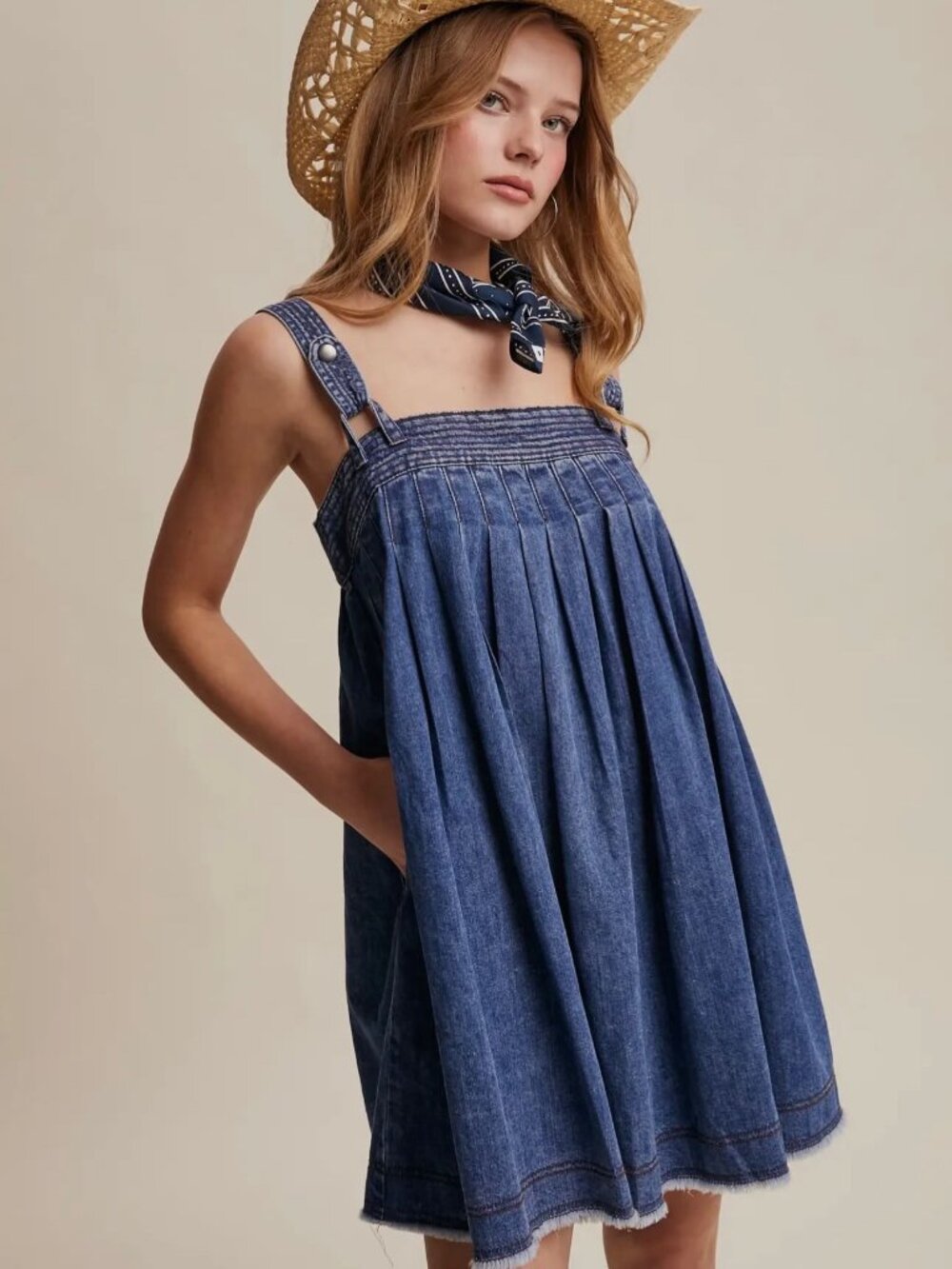 Denim pleated mini Dress-Blue Haze
